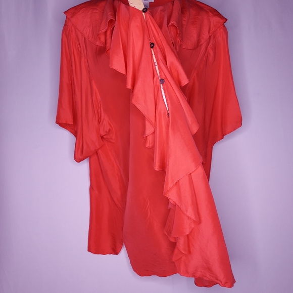 Adrian Jordan Silk Top 22 24 Ruffle Vneck Button Short Sleeve Satin Blouse Vtg - Picture 2 of 7